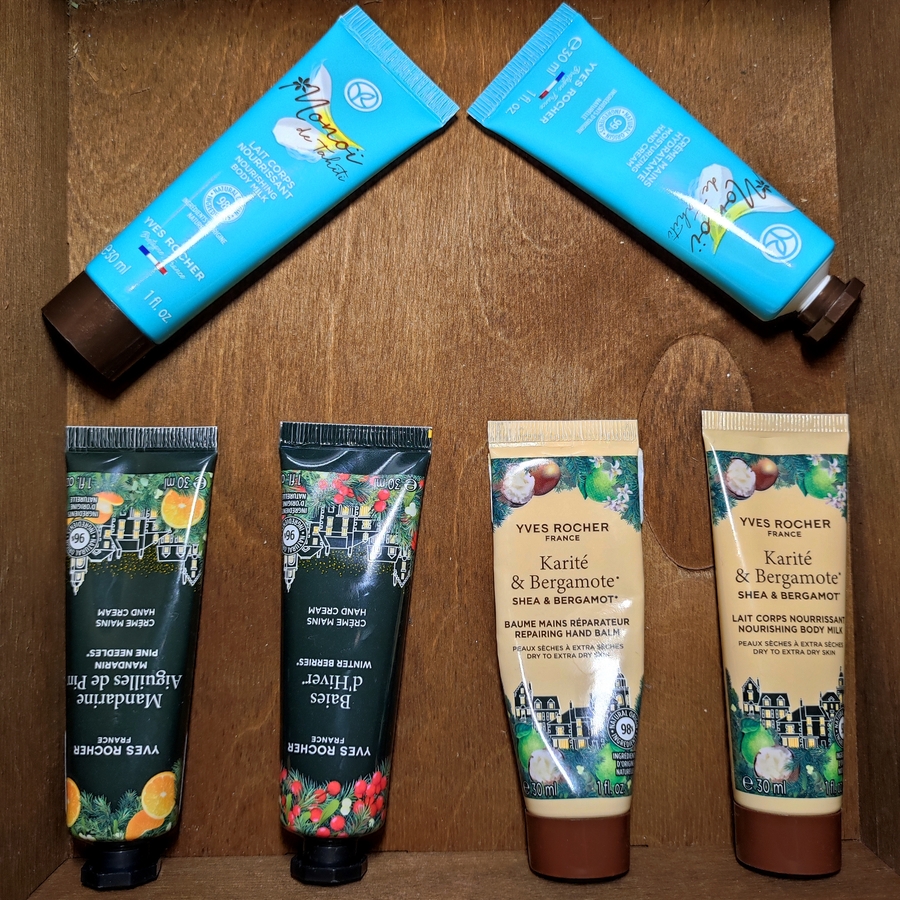 Крем для рук «Зимние Ягоды», Крем для рук «Новогодний Мандарин», Восстанавливающий бальзам для рук «Карите и Бергамот», Питательное молочко для тела «Карите и Бергамот», Увлажняющий крем для рук "Моной де Таити", Питательное молочко для тела "Моной де Таити"