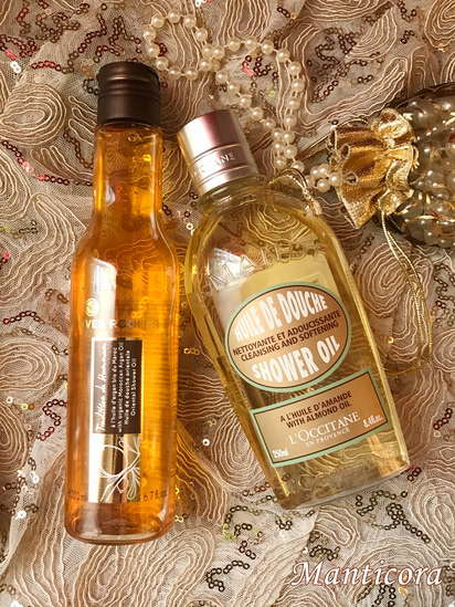 Золото для тела. Масло для душа «Миндаль» L'Occitane Almond Cleansing And Soothing Shower Oil / масло для душа Yves Rocher Tradition de Hammam Oriental Shower Oil