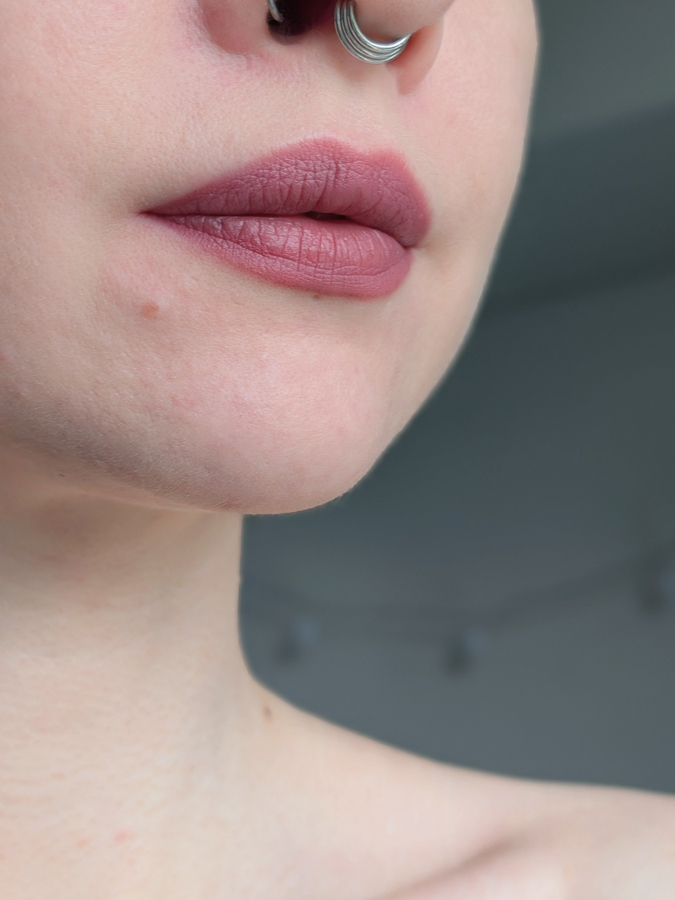 MAC MACximal Matte Lipstick Soar, очень тонкий растушеванный слой, дневной свет