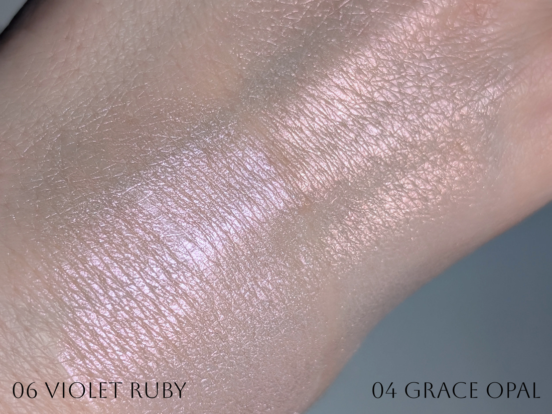 Clio Prism Highlighter 06 Violet Ruby, 04 Grace Opal, дневной свет с частичкой низкого предзакатного солнца