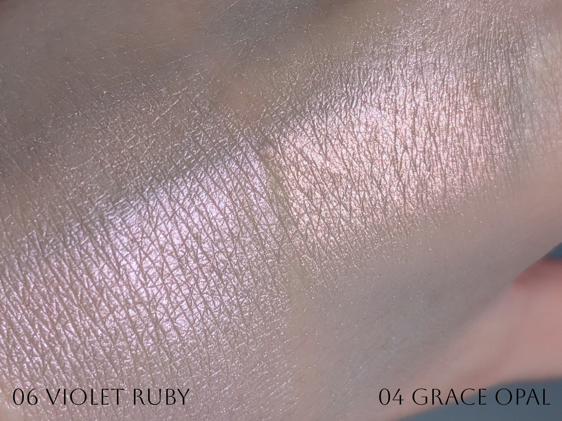 Clio Prism Highlighter 06 Violet Ruby, 04 Grace Opal, дневной свет с частичкой низкого предзакатного солнца