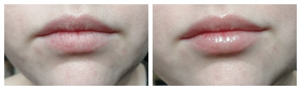 слева голые губы, справа блеск в два тонких слоя