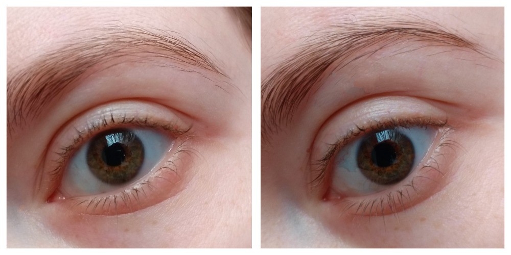 На бровях Ninelle Bohemia Tinted Eyebrow Mascara №644 (слева брови без макияжа, справа с тушью)