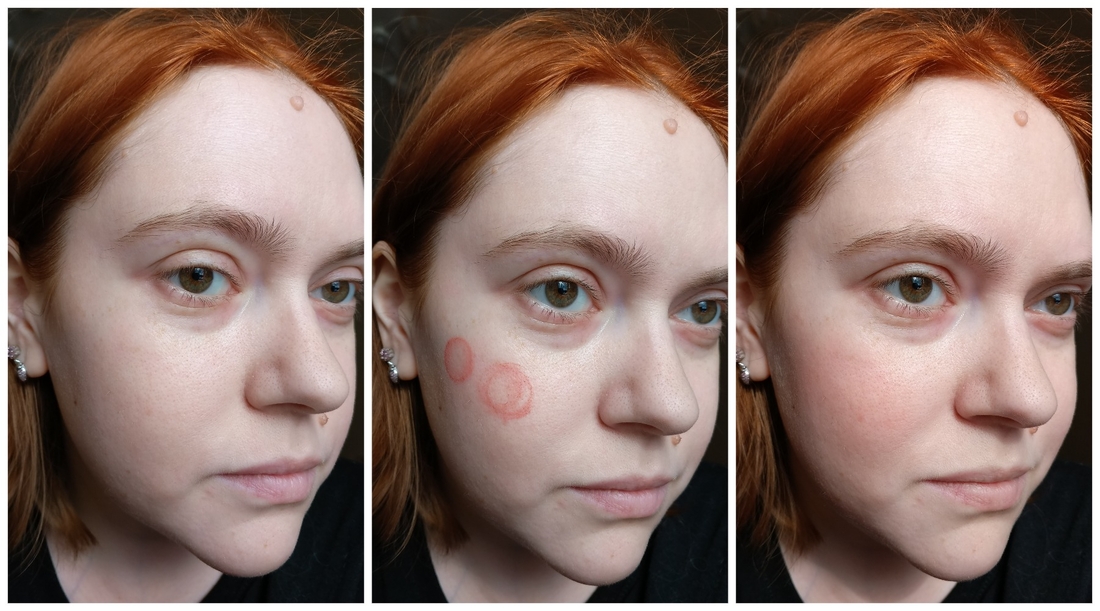 слева без румян, по центру румяна нанесены из стика, справа румяна растушеваны пальцами