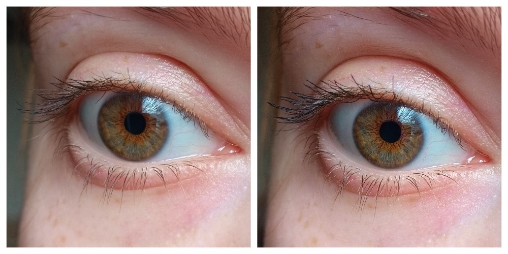 слева тушь в один слой, справа тушь в два слоя