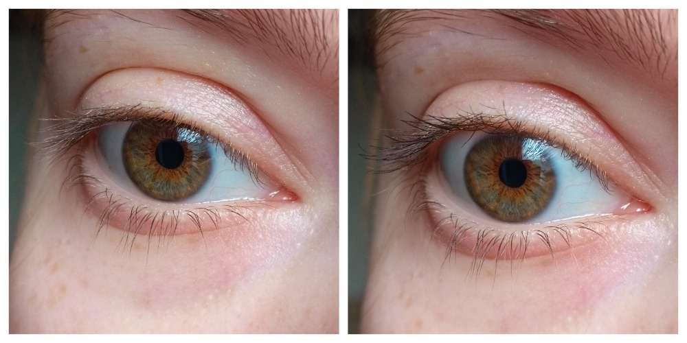 слева голые ресницы, справа тушь в один слой