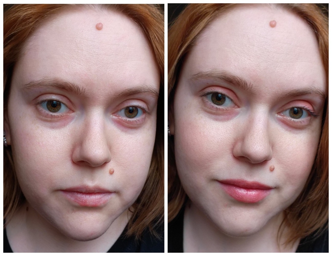 слева голое лицо, справа макияж за две минуты всего тремя средствами Clarins