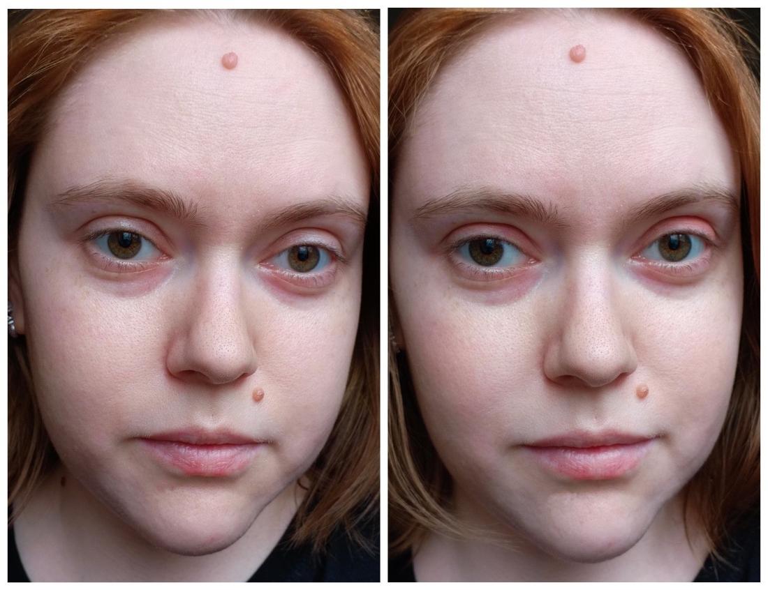 слева голое лицо, справа на щеки и веки нанесены румяна Clarins
