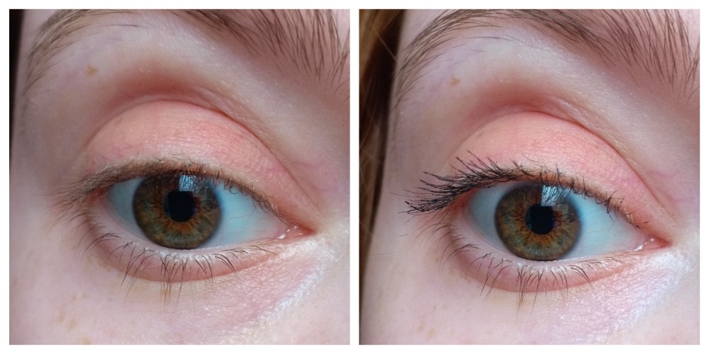 слева на веках румяна, справа тушь в два слоя на ресницах