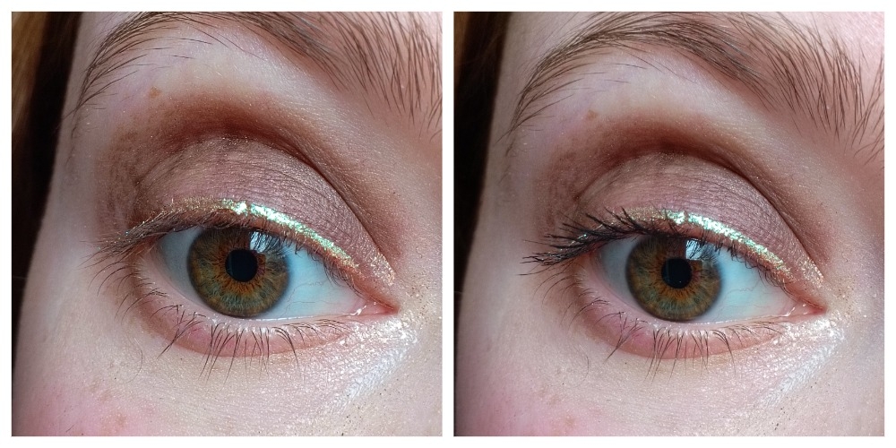 слева тени и подводка, справа добавлена тушь