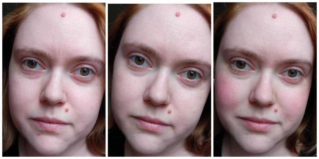 слева голое лицо, по центру добавлен консилер, справа добавлены румяна