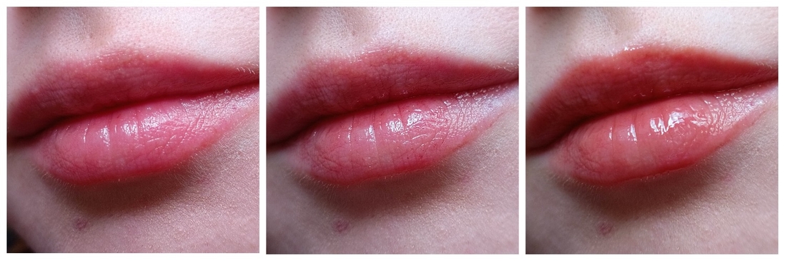 слева нанесла желе, по центу точечно добавлен тинт, справа финальный штрих помада-плампер