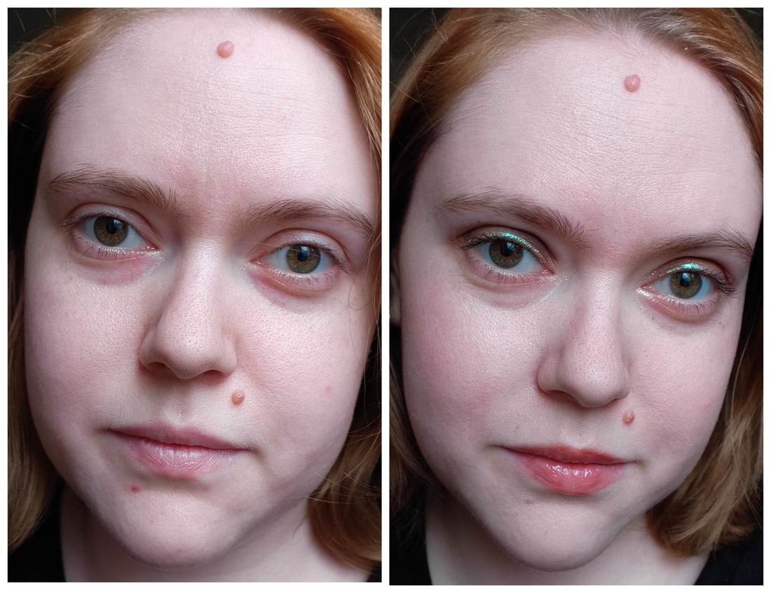 слева голое лицо, справа полный макияж