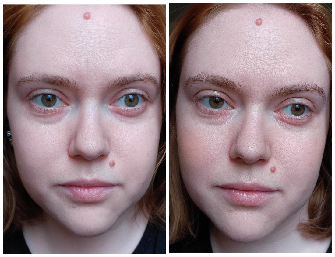 слева голое лицо, справа хайлайтер и румяна