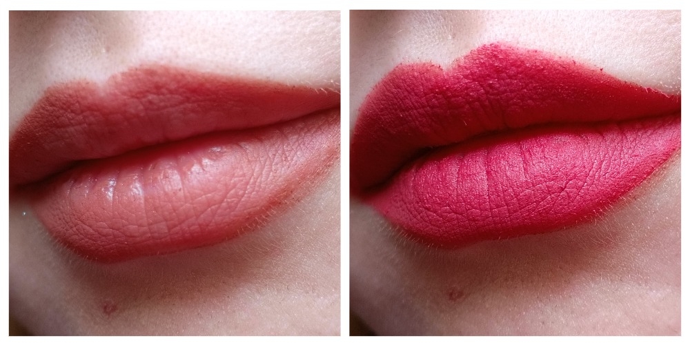 слева губы только с карандашлом, справа поверх нанесена помада