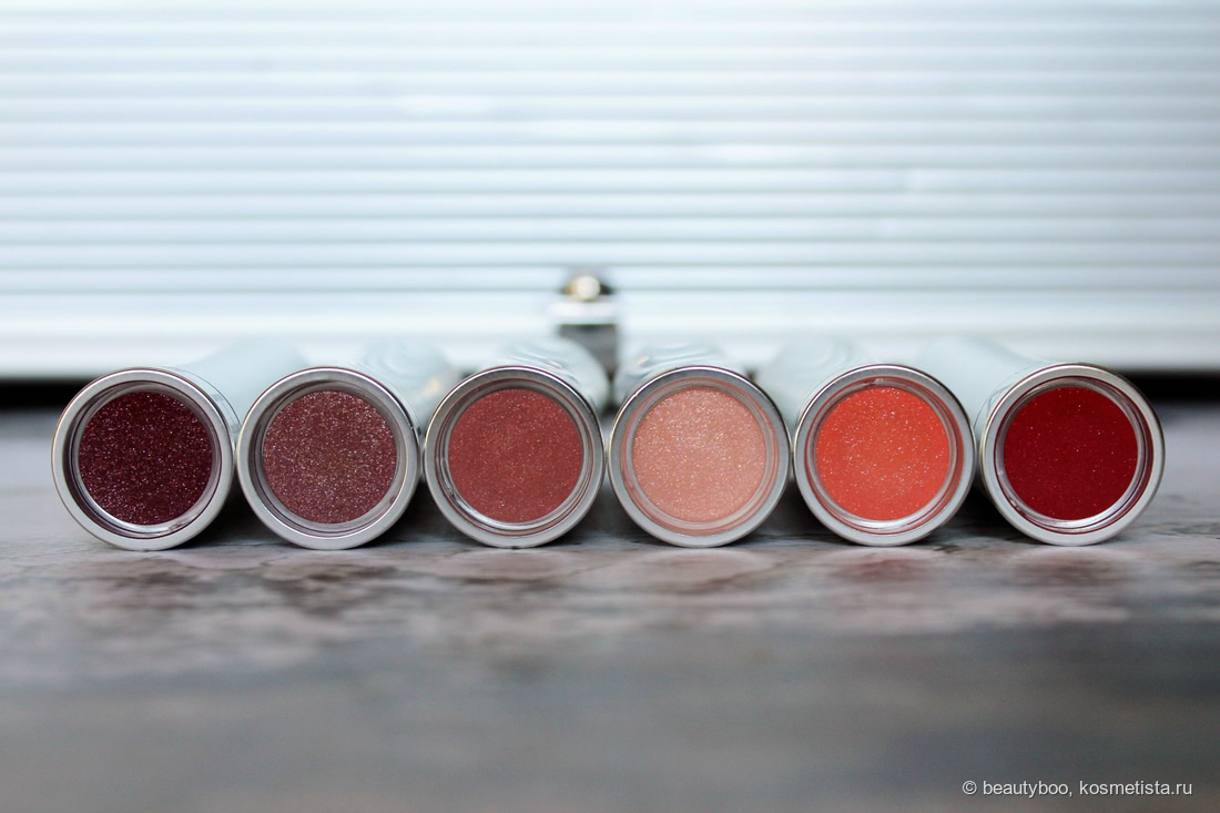 Sephora Rouge Shine в оттенках (слева направо): 42, 38, 53, 48, 58, 33. Дневное освещение