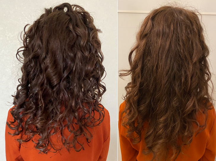 Слева - волосы с гелем Flora & Curl соло, высушенные на 90%. Справа - так выглядят волосы с гелем Flora & Curl через 4 часа, в сухую погоду, без прогулок и прочей активности.
