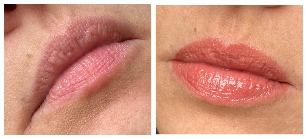 Rouge Elixir Gloss Yves Rocher свотчи при разном освещении оттенок 02