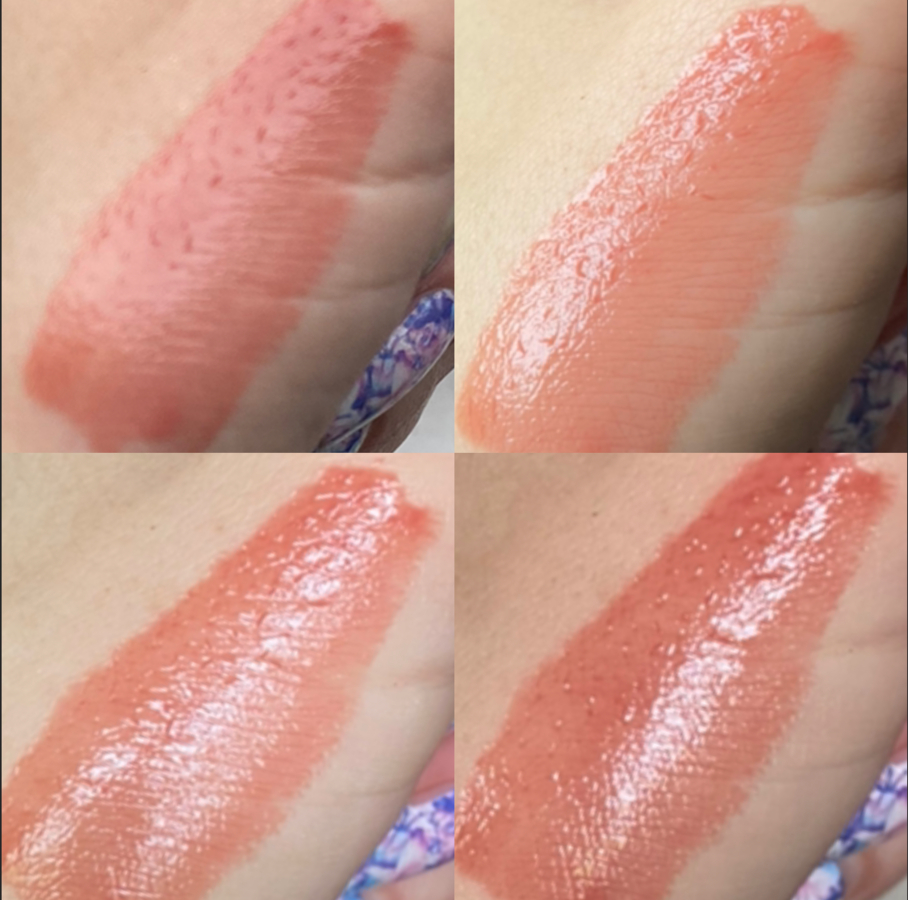 Rouge Elixir Gloss Yves Rocher свотчи при разном освещении оттенок 02