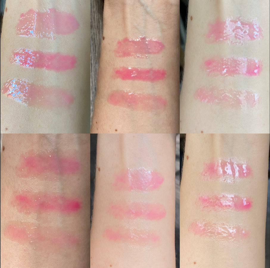 Гель-масло для губ Lip Oil Beauty Assistant в два слоя свотчи при разном освящении. Сверху вниз на руке: 01, 02, 03