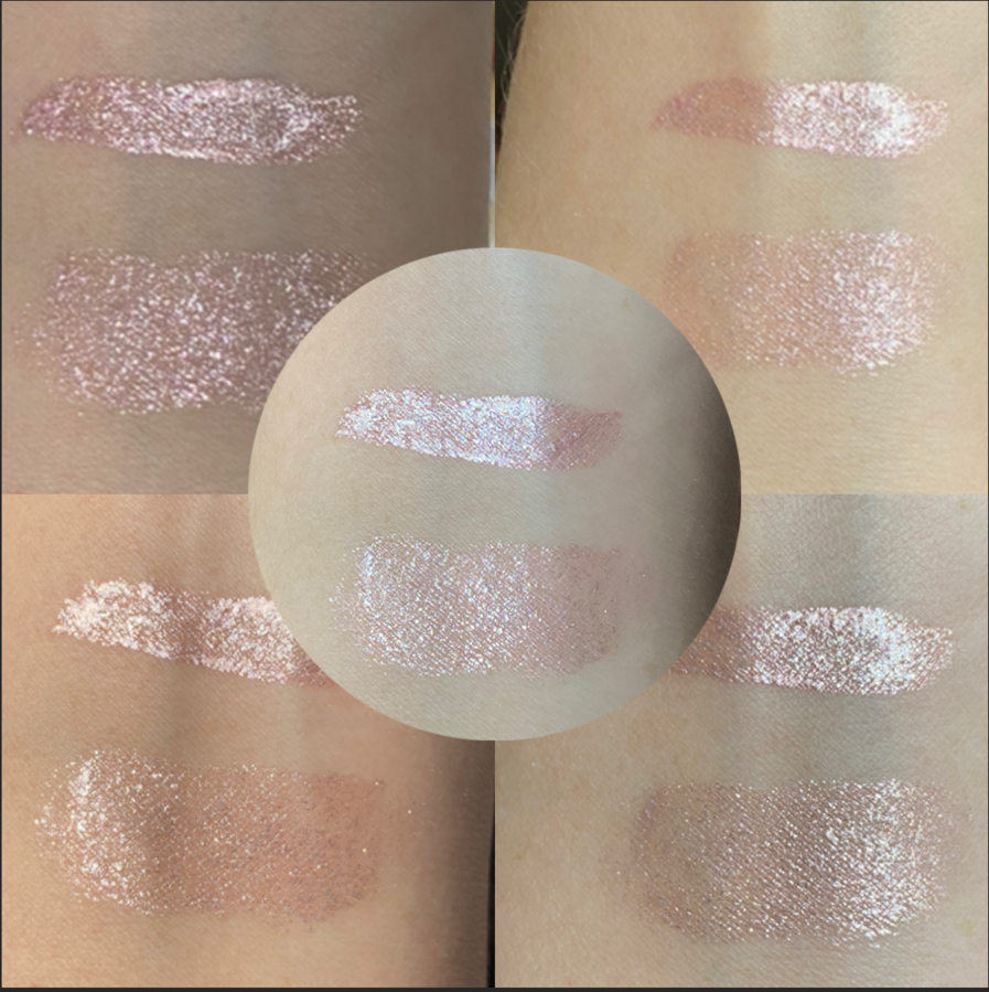 Оттенок Rose Gold при разном освещении. Сверху - тени нанесенные аппликатором в один слой, Снизу - тени в один слой, растущеванные пальцем.