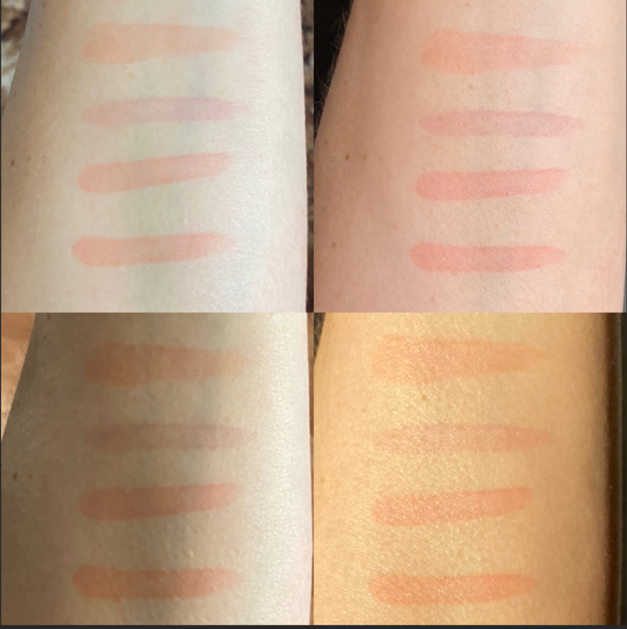 essence Глянцевый Тинт для губ Hydra Kiss Lip Tint. Свотчи сверху вниз оттенки: 01.02.03.04