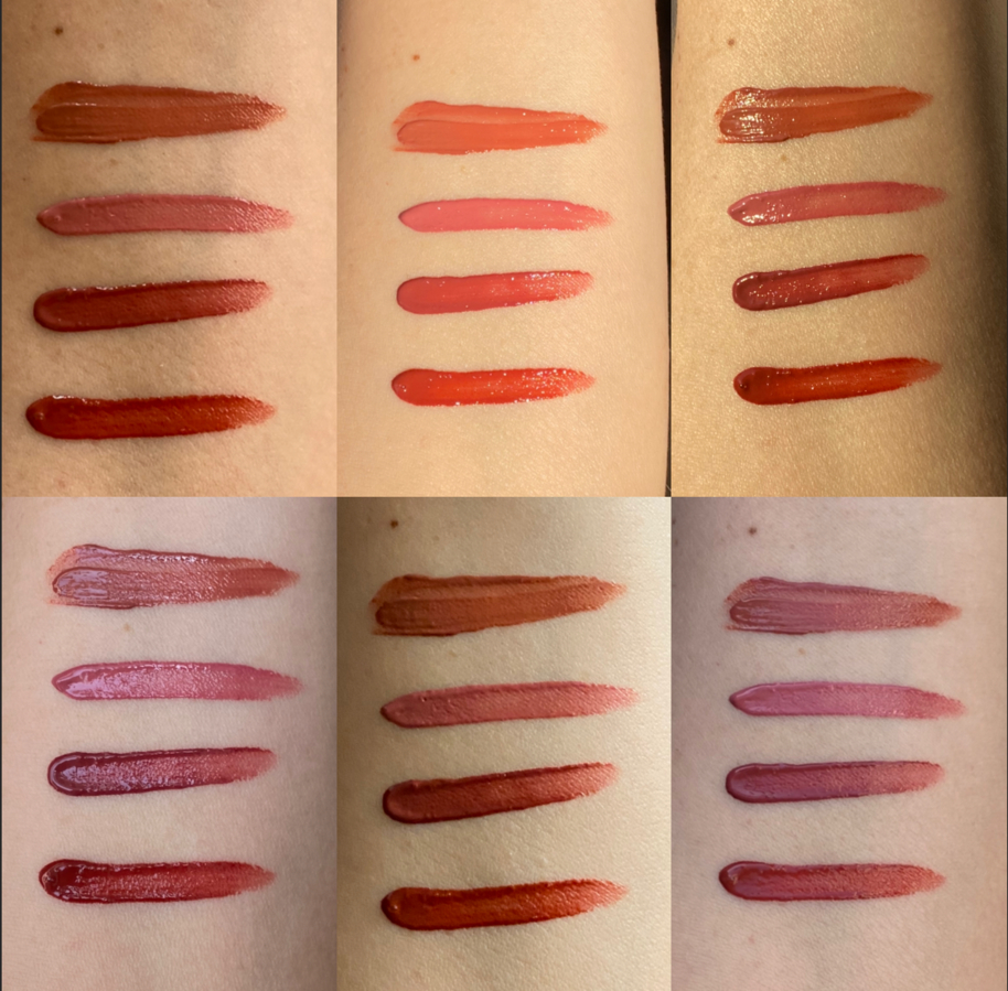 essence Глянцевый Тинт для губ Hydra Kiss Lip Tint. Свотчи сверху вниз оттенки: 01.02.03.04