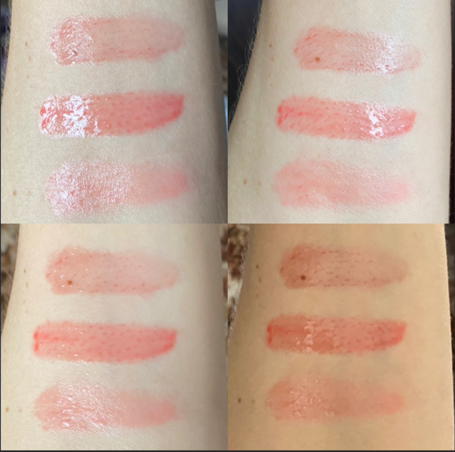 Arive Makeup Garden Lip Jam снизу вверх: 01 Rose Sorbet, 02 Raspberry Drop и 03 Plum Fiction свотчи