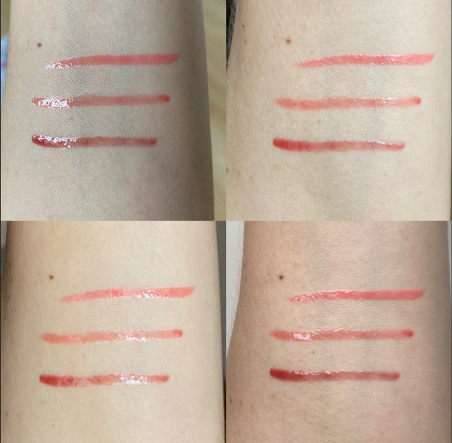 Arive Makeup Garden Lip Jam сверху вниз: 01 Rose Sorbet, 02 Raspberry Drop и 03 Plum Fiction свотчи