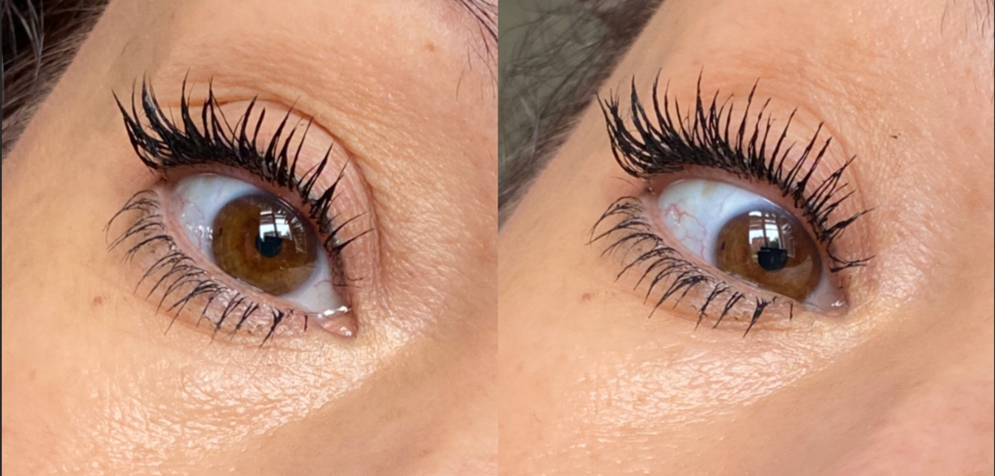 Stellary Тушь для ресниц Mascara Jaguar Wild свотчи. Слева - тушь в один слой, справа - в два слоя