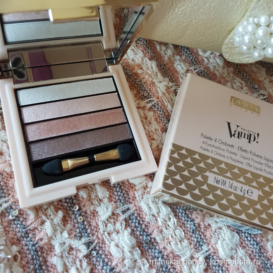 Часть весенней коллекции Pupa Pink Muse: хайлайтер Pink Muse Cream Highlighter 001, тени Vamp 4-Eyeshadow Palette 005 и помада Miss Pupa 108