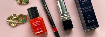 Яркие красно-коралловые Dior Rouge Dior 080 Red Smile, карандаш Chanel 95 и лак Chanel Espadrilles 534