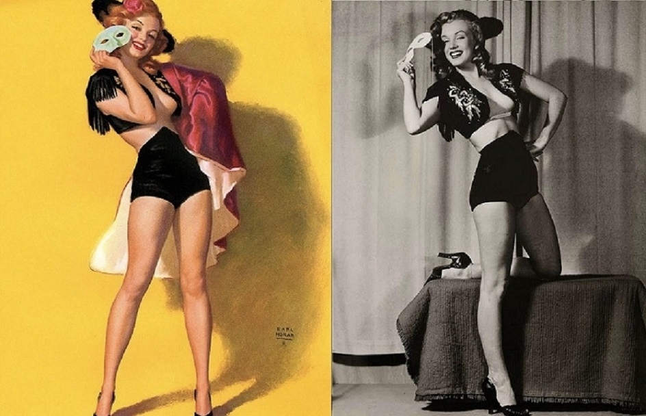 справа: Мэрилин Монро позирует художнику Эрлу Морану, который изобразил ее на плакате слева