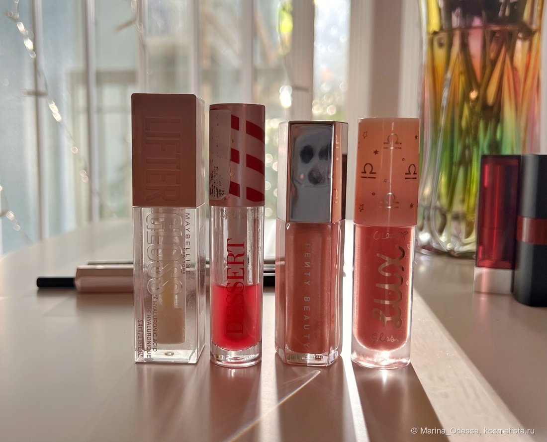 Maybelline NY Lifter gloss 001, Vivienne Sabo Lip oil dessert a Levres 02, Fenty Beauty Gloss Bomb Universal Lip Luminizer $weetmouth, Colourpop Lux gloss Arm candy