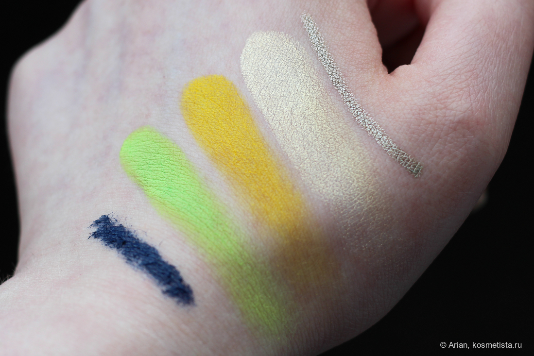 Свотчи продуктов для макияжа век (слева направо): тушь YSL Beauty в оттенке 6 Deep night; тени Jeffree Star Cosmetics в оттенках Chameleon Fetish, Wow, Jawbreaker; карандаш N.1 в оттенке 25.