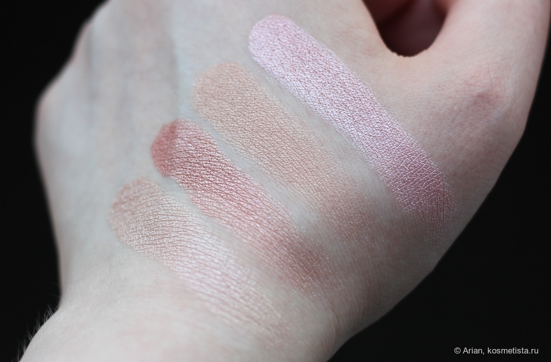 Сравнение оттенков одной гаммы (слева направо): Anastasia Beverly Hills Vermeer - Tarte Sway - IT Cosmetics Pop! - Jeffree Star Cosmetics Snack
