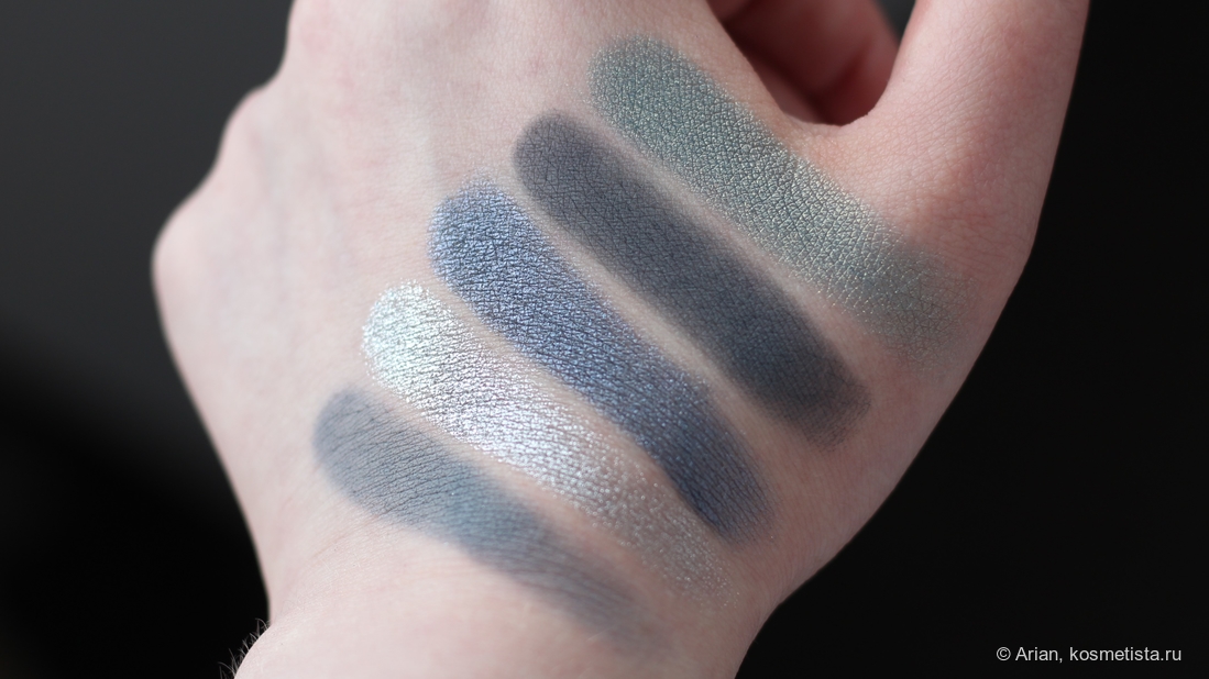Свотчи оттенков палетки ﻿Natasha Denona Eyeshadow Palette 5 03 (слева направо): 11V Steel Blue - 04M Chromatic - 11M Metallic Steel Blue - 65V Smoke - 17M Cloudy Blue