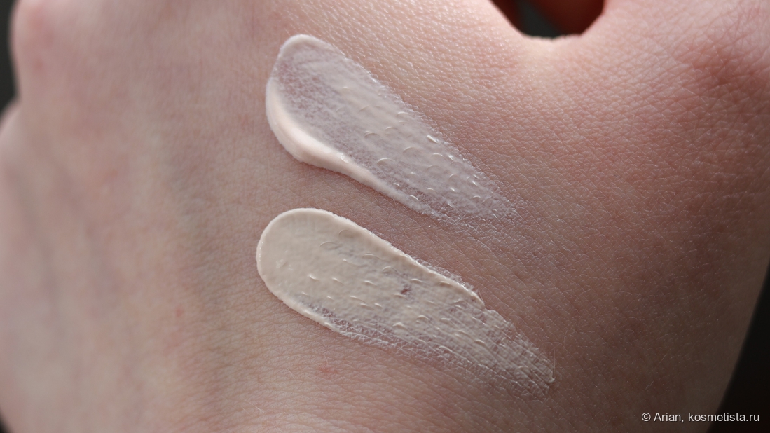 Свотчи Cell Fusion C Dark Spot Toning Sunscreen (сверху) и Round Lab Tone-Up