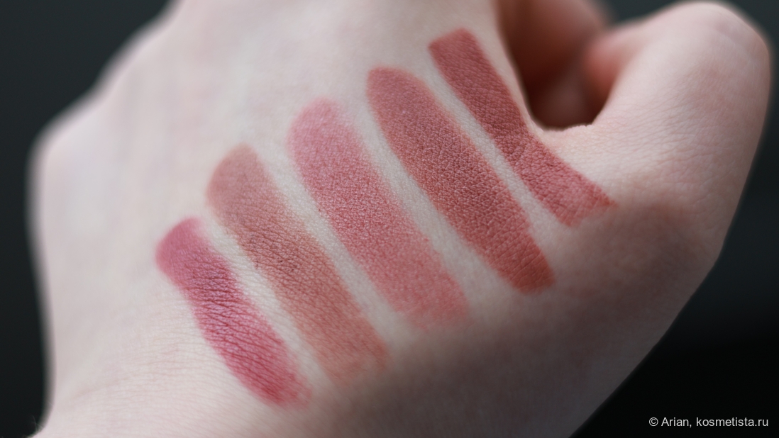 Сравнительные свотчи (слева направо): Zelens Nude Plum — Prada B01 Argile — Charlotte Tilbury Pillow Talk — Westman Atelier Pique — Shiseido 507 Murmur
