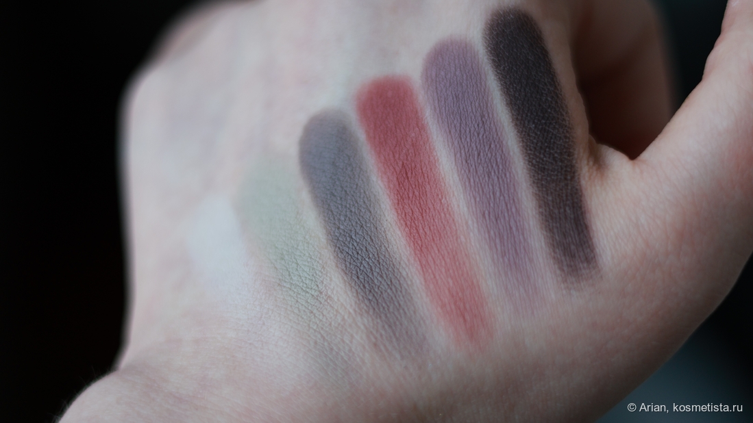 Свотчи матовых оттенков палетки (слева направо): Howling Wind - Arctic Mist - Frozen Tracks - Wild Rose - Stealthy - Wolf Den