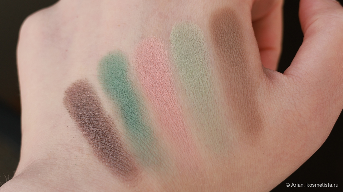 Свотчи оттенков палетки (слева направо): maxi - sage - holly - fringe - faye