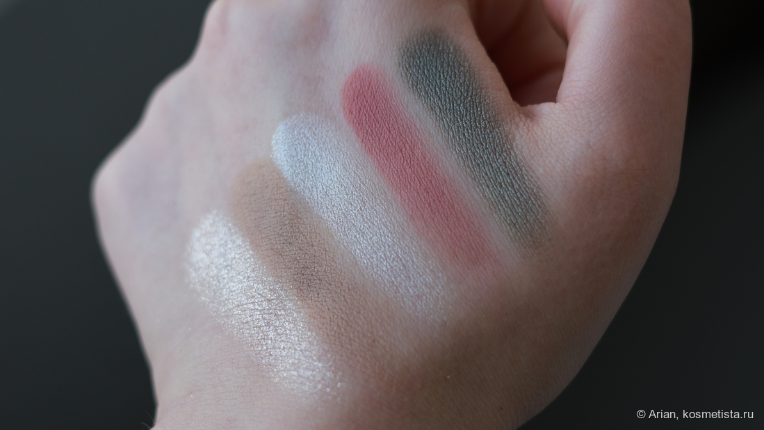 Свотчи оттенков палетки (слева направо): flutter - lucy - palladian - belle - oz