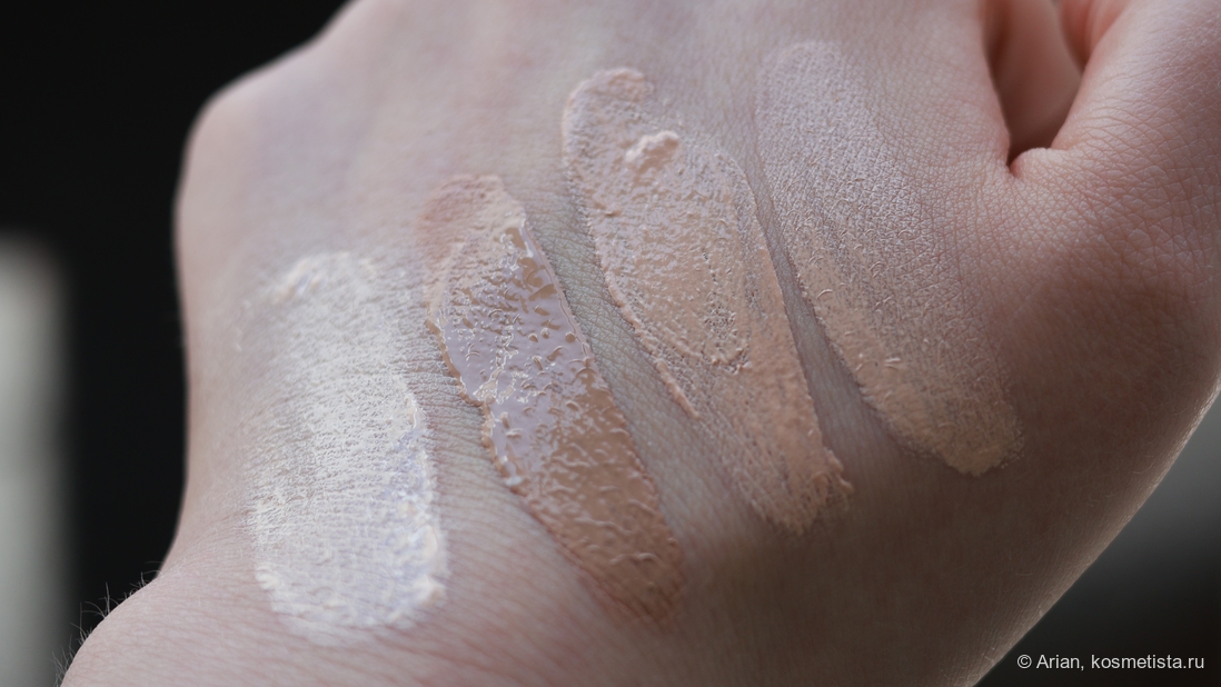 Сравнение тональных средств (слева направо): Pixi H2O Skin Tint Porcelain - Skinjestique Your Perfect BB - Lizda Zero Fit Cover Capsule 19 Petal Beige - Dear Dahlia Daily Defence PDRN BB Cream Rosy Light