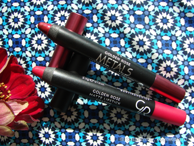 Помады в формате карандаша Golden Rose: Matte Lipstick Crayon 16 и Metals Matte Metallic Lip Crayon 07