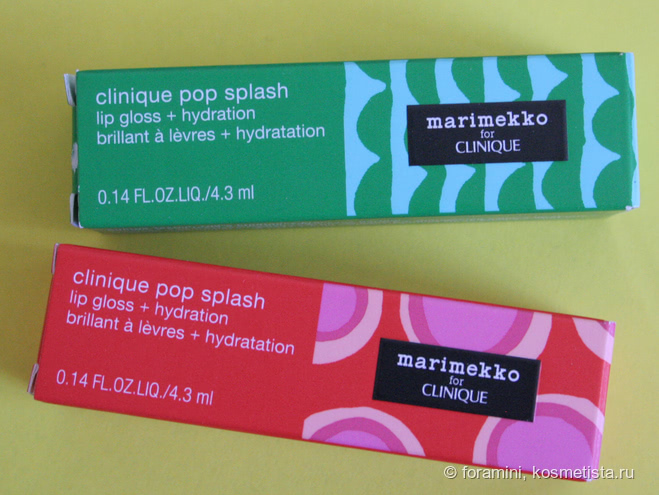 Увлажняющие блески для губ Marimekko for Clinique Pop Splash lip gloss + hydration, оттенки 02 caramel pop и 12 rosewater pop