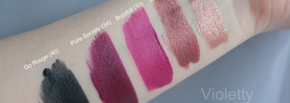 Обзор пяти оттенков из линейки матово-металлических помад Liquid Suede Metallic Matte от Nyx: Bella (30), Buzzkill (33), Pure Society (34), Exposed (38), Go Rouge (40)