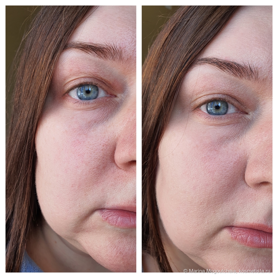 Слева чистая кожа, справа нанесен rose inc skin enhance serum