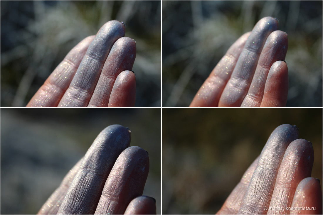 Tammy Tanuka Sigil Inspired оттенок Собирательница ракушек. Свотчи на влажных пальцах, на среднем - плотный слой пигмента (дневной свет, на 4 фото выглянуло солнце).