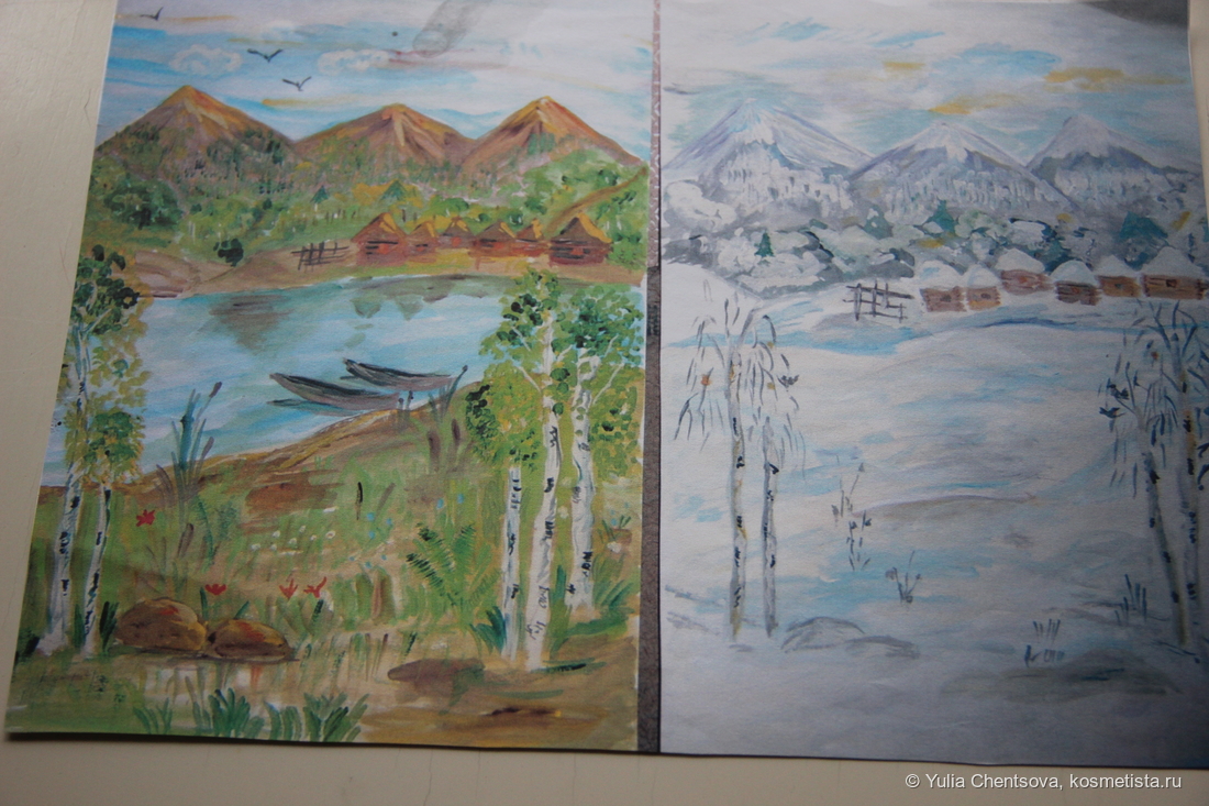 Мои детские рисунки. Изображена родная деревня на БАМе летом и зимой.