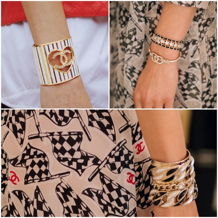 Многослойные браслеты и браслеты-кандалы с логотипом Chanel. Коллаж с официального сайта бренда.
